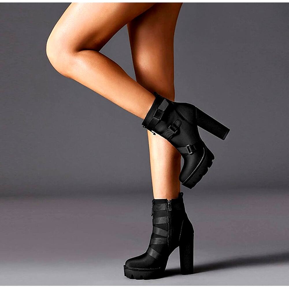 Wet Kiss Chunky High Heel Platform Combat Boots Black 8